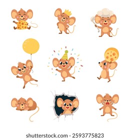 Cute cartoon mouse. Funny mice in different poses, chef, birthday party animal, looking from hole. Positive rodent with cheese, isolated classy vector characters