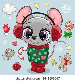 Cute Cartoon mouse girl in a coat and fur headphones