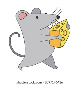 Cute cartoon mouse going aside and carrying cheese. A funny grey mouse wants to give a gift to someone. Vector clip art illustration in 2D. Hand-drawn simple style.