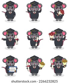 Cute cartoon Mouse in graduate hat on white background. Vector Set of Cute Graduation Themed Mouse . Illustration symbol mascot character animal. Design flat cartoon.