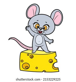 Cute cartoon mouse greets standing on a large piece of cheese color variation for coloring page on white background