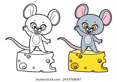 Cute cartoon mouse greets standing on a large piece of cheese outlined for coloring page on white background