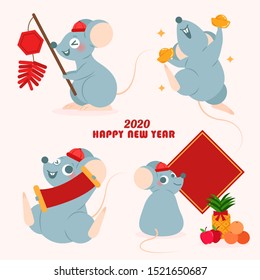 cute cartoon mouse hold red envelope and gold ingot with 2020 happy new year
