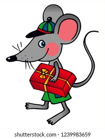 Cute cartoon mouse is holding a big red present. Colored vector for card or gift. 