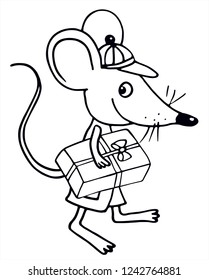 Cute cartoon mouse is holding a big  present. Black and white vector for card or gift. 