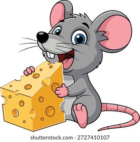 Cute cartoon mouse holding big cheese piece, funny happy rodent character vector illustration for children, animal design, food artwork, mascot and educational projects