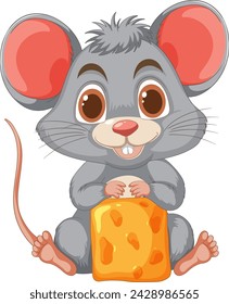 Cute cartoon mouse holding a block of cheese