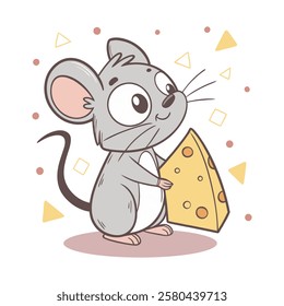 Cute Cartoon Mouse Holding Cheese.