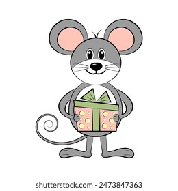 Cute cartoon mouse holding gift, isolated on white background