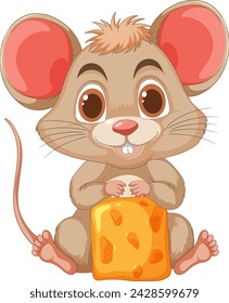 Ratón lindo de la historieta que sostiene un bloque grande del queso