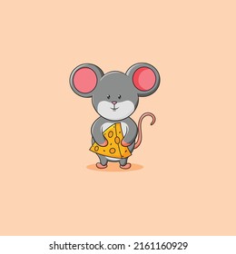 Cute cartoon mouse holding slice of cheese