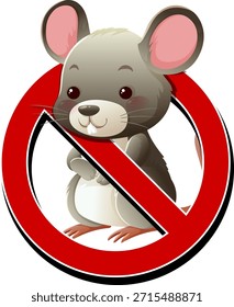 Ratón lindo de la historieta dentro de la muestra roja atrevida de la prohibición, estilo plano del Vector, fondo blanco