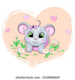 A cute cartoon mouse lies on the ground among the flowers. Vector illustration of an animal on a background with hearts.