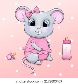 Cute cartoon mouse with milk bottle and babies dummy. Vector illustration of an animal on a pink background with dots.