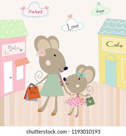 cute cartoon mouse mom and her daughter are happy with the shopping at shopping mall, illustration vector by freehand doodle comic art for any card.


