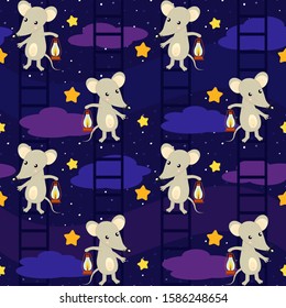 A cute cartoon mouse with an oil lamp goes down the stairs along the night starry cloudy sky, kind seamless vector background for kids about mice, night, fairy dreams and sleeping.