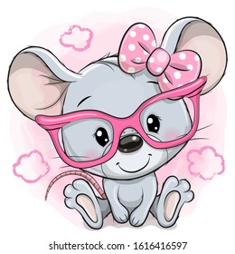 Cute Cartoon Mouse with pink glasses on a pink background