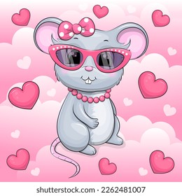 Ratón de dibujos animados con gafas rosas y un collar. Ilustración vectorial de un animal sobre un fondo de nubes y corazones.