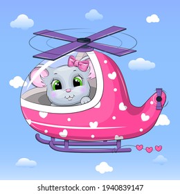 Cute cartoon mouse in pink helicopter. Vector illustration on a blue background with clouds.