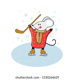 Cute cartoon mouse play ice hockey on ice. Mouse engaged in winter sports. Funny animal playing in winter. Win the games. Hand drawn vector illustration. Scandinavian style. 