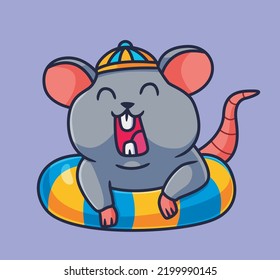 cute cartoon mouse play summer lifebuoy. isolated cartoon animal illustration vector