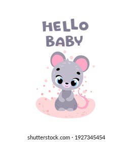 Cute cartoon mouse. Print for baby posters, cards, clothes. Vector cartoon illustration.