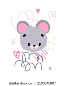 Cute cartoon mouse. Print for baby posters, cards, clothes. Vector cartoon illustration. 