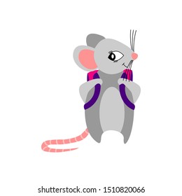 Cute cartoon mouse pupil with schoolbag isolated on white background. Flat vector illustration.