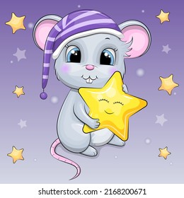 A cute cartoon mouse in a purple nightcap is holding a star. Night vector illustration with an animal on a dark lilac background with yellow stars.