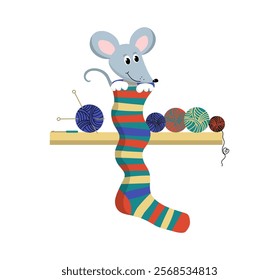 Cute cartoon mouse. The mouse puts on a big sock. Handicrafts, knitting, hobby. Knitted warm clothes. Balls of thread, skeins of wool, threads, knitting needles.