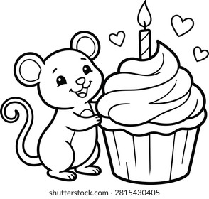 Cute cartoon mouse reaching for a frosted cupcake with a lit candle and hearts