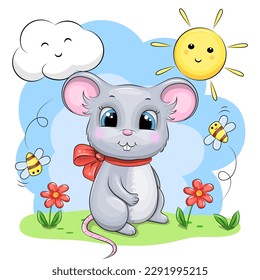 Cute cartoon mouse with a red bow in nature. Vector illustration of an animal with flowers, bees, sun and cloud on a blue background.