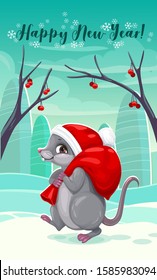 Cute cartoon mouse with red Santa's bag and hat. Funny rat, the symbol of the 2020 year. New year greeting card. Vector christmas illustration.