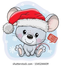 Cute Cartoon Mouse In Santa Hat On A Blue Background