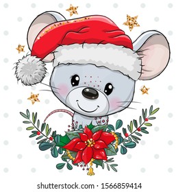 Cute Cartoon mouse in Santa hat with christmas wreath