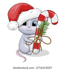 Cute cartoon Mouse with Santa's hat and Christmas candy cane. New year vector illustration of animal and sweets on white background.