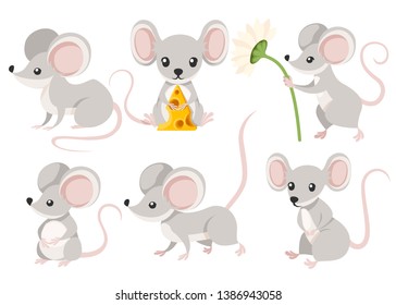 Cute cartoon mouse set. Funny little grey mouse collection. Emotion little animal. Cartoon animal character design. Flat vector illustration isolated on white background.