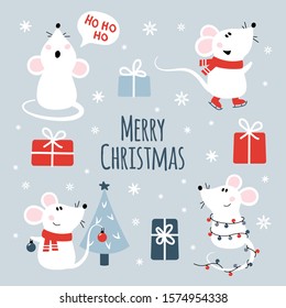 Cute cartoon mouse set. Funny mice with christmas tree, garland,  on skates. Cartoon Christmas and new year 2020 cute mouse, rat set. Vector collection of chinese 2020 new year symbol