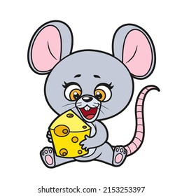Cute cartoon mouse sit and hold piece of cheese in paws color variation for coloring page on white background