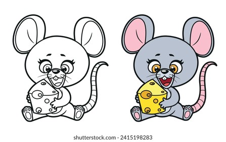 Cute cartoon mouse sit and hold piece of cheese in paws color variation  and outlined for coloring page on white background