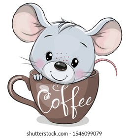 Cute Cartoon Mouse is sitting in a Cup of coffee