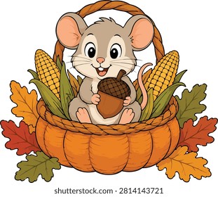 Cute cartoon mouse sitting inside a pumpkin shell holding an acorn, surrounded by corn, autumn leaves, and harvest decorations, illustrated in a flat vector style and isolated on a white background.
