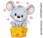 Cute Cartoon Mouse is sitting on a cheese on a white background