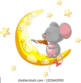 Cute Cartoon Mouse is sitting on the moon. Cheese moon. Good night.