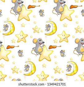 Cute Cartoon Mouse is sitting on the moon. Cheese moon. Good night. Mouse seamless pattern.
