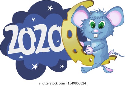Cute cartoon mouse sitting on a piece of cheese. Vector illustration with simple gradients. New year china calendar