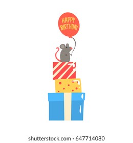 Cute cartoon mouse sitting on colorful gift boxes and holding red balloon. Happy Birthday colorful vector Illustration