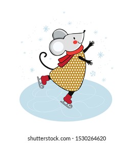 Cute cartoon mouse skating on ice. Mouse engaged in winter sports. Funny animal playing in winter. Figure skating. Hand drawn vector illustration. Scandinavian style. 