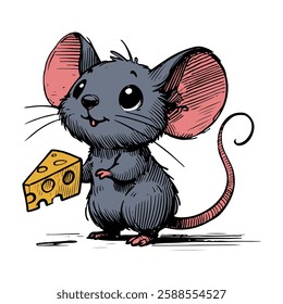 A cute cartoon mouse sketch holding a piece of cheese with joy. Hand-drawn in a playful style, perfect for children’s illustrations, mascots, and storytelling art.