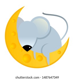 Cute cartoon mouse sleeping on a cheese moon. symbol of 2020. Vector  